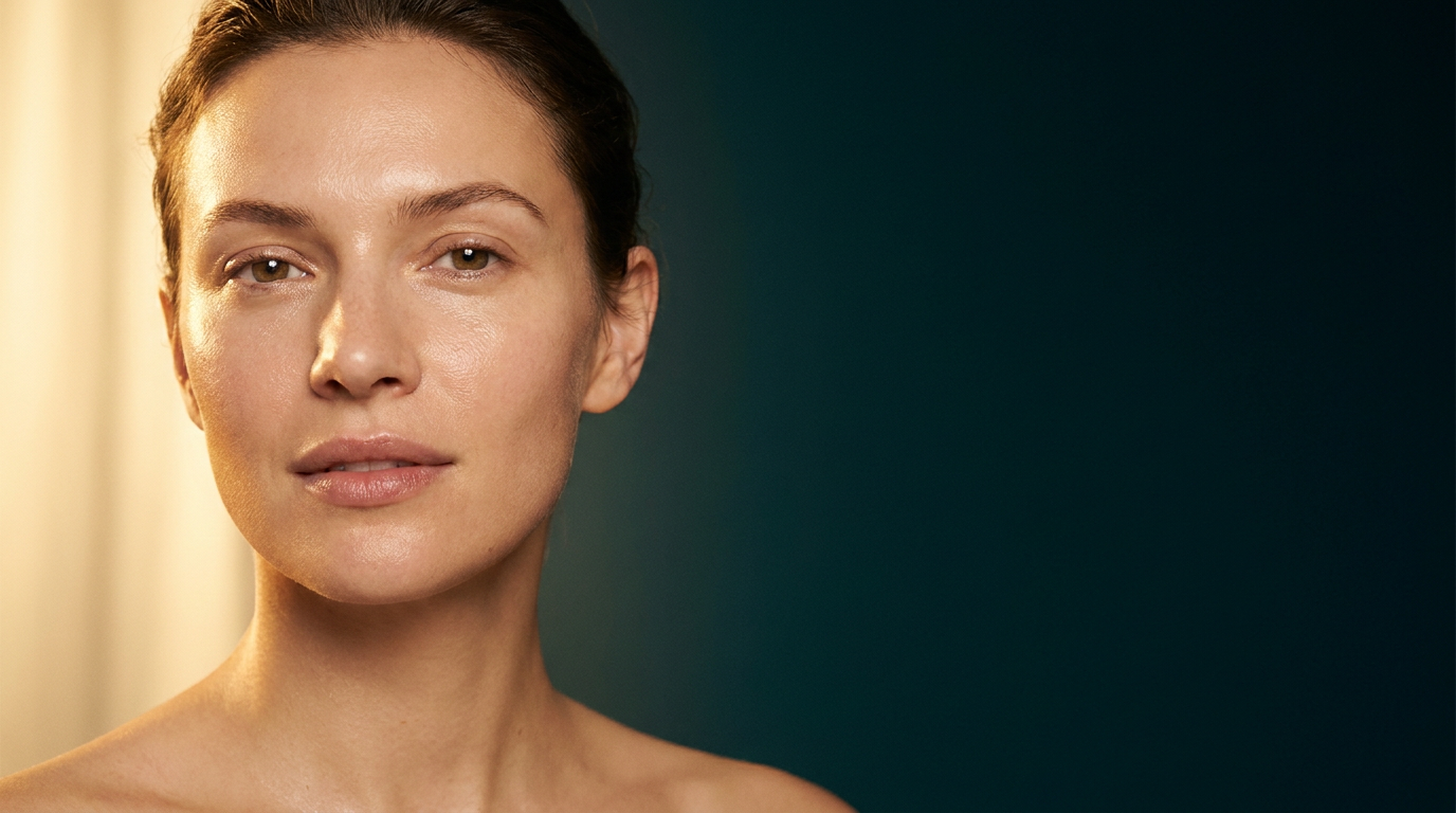 Femme au visage parfaitement demaquille, peau fraiche et apaisee