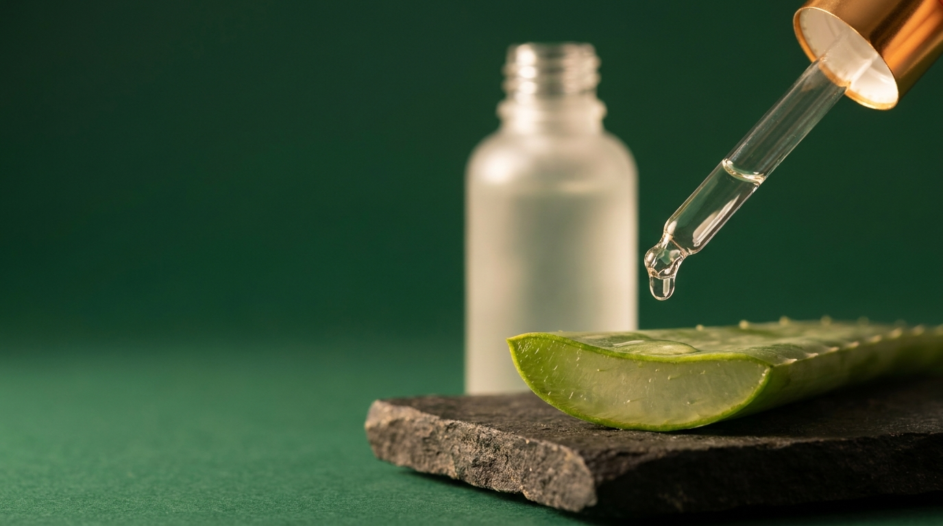 Pipette déposant une goutte de sérum sur une tranche d'aloe vera