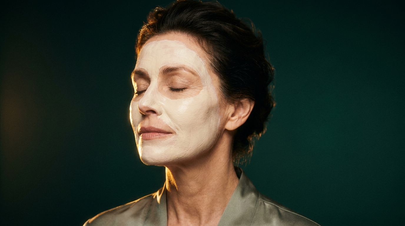 Femme de la cinquantaine portant un masque creme, peau mature ferme et lumineuse