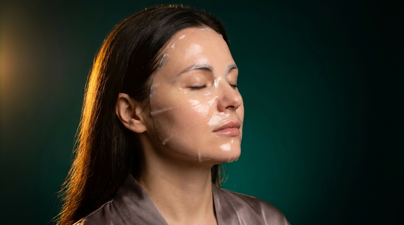 Femme endormie portant un masque de nuit translucide, peau repulpee et confortable au reveil