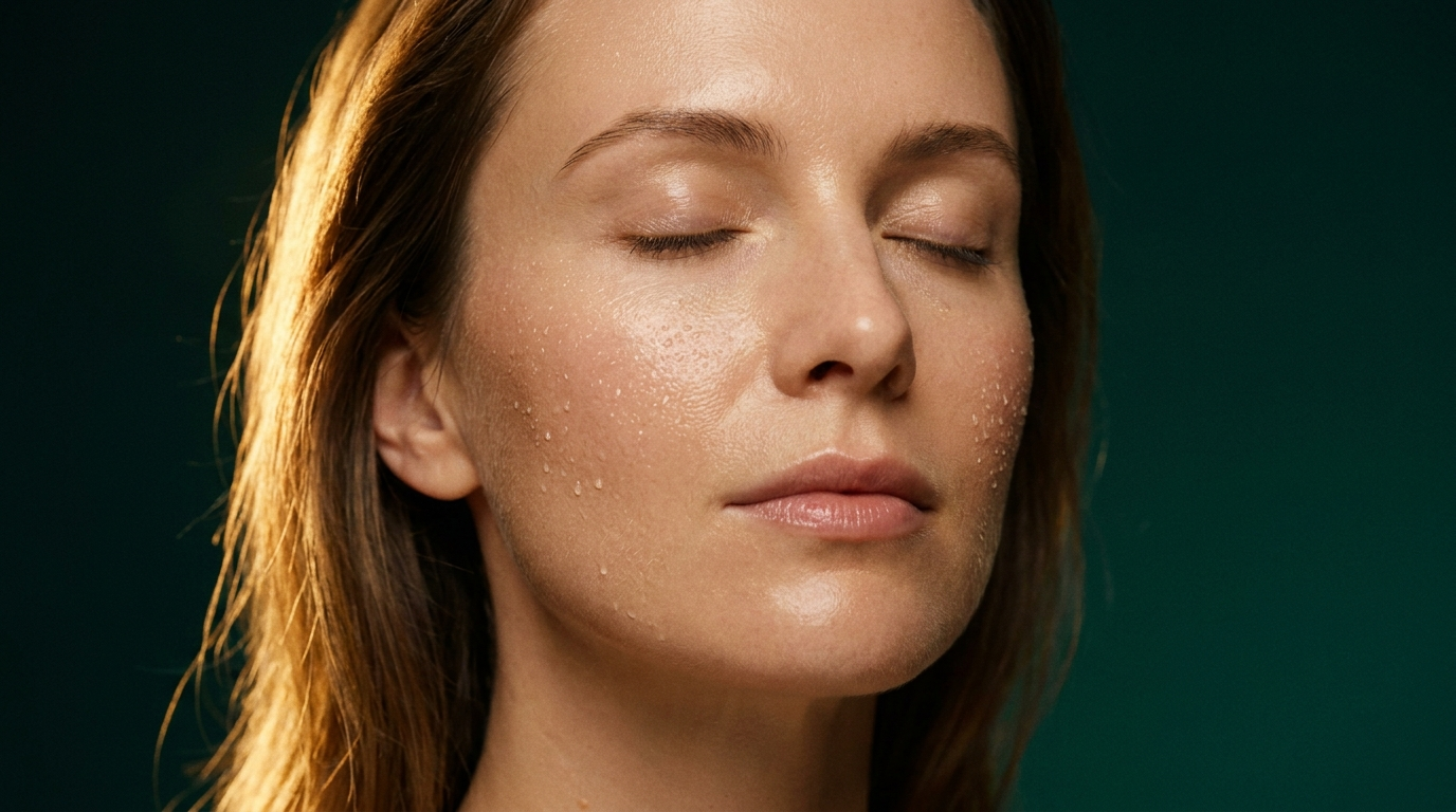 Femme a la peau fraiche et hydratee, fines gouttelettes lumineuses