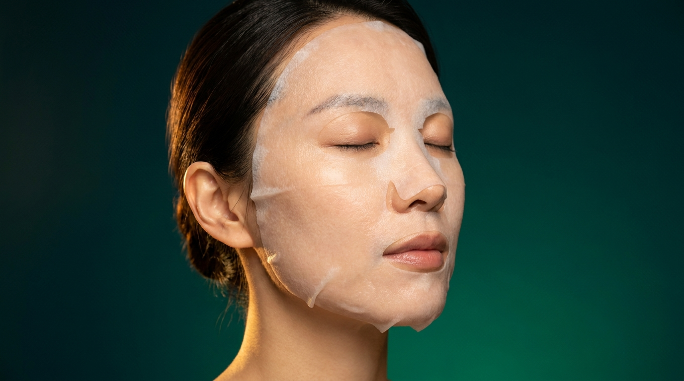 Femme portant un masque en tissu plaque sur le visage, peau lumineuse