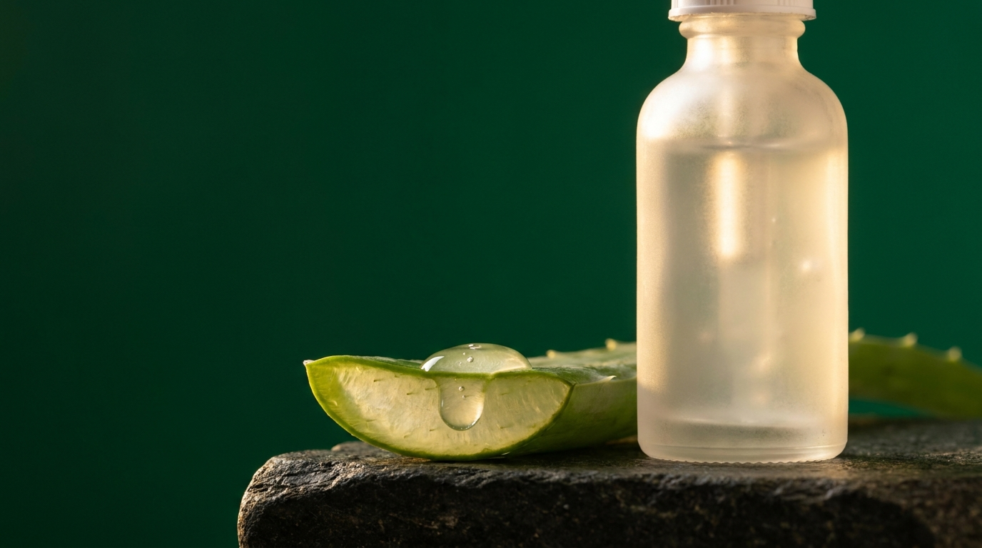 Flacon de sérum et tranche de feuille d'aloe vera translucide sur pierre sombre