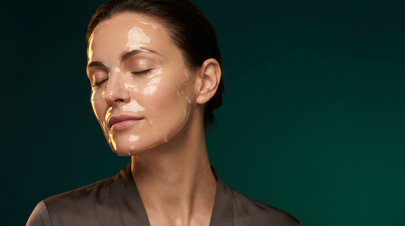Femme portant un masque en gel translucide sur les joues et le front, peau fraiche et rosee
