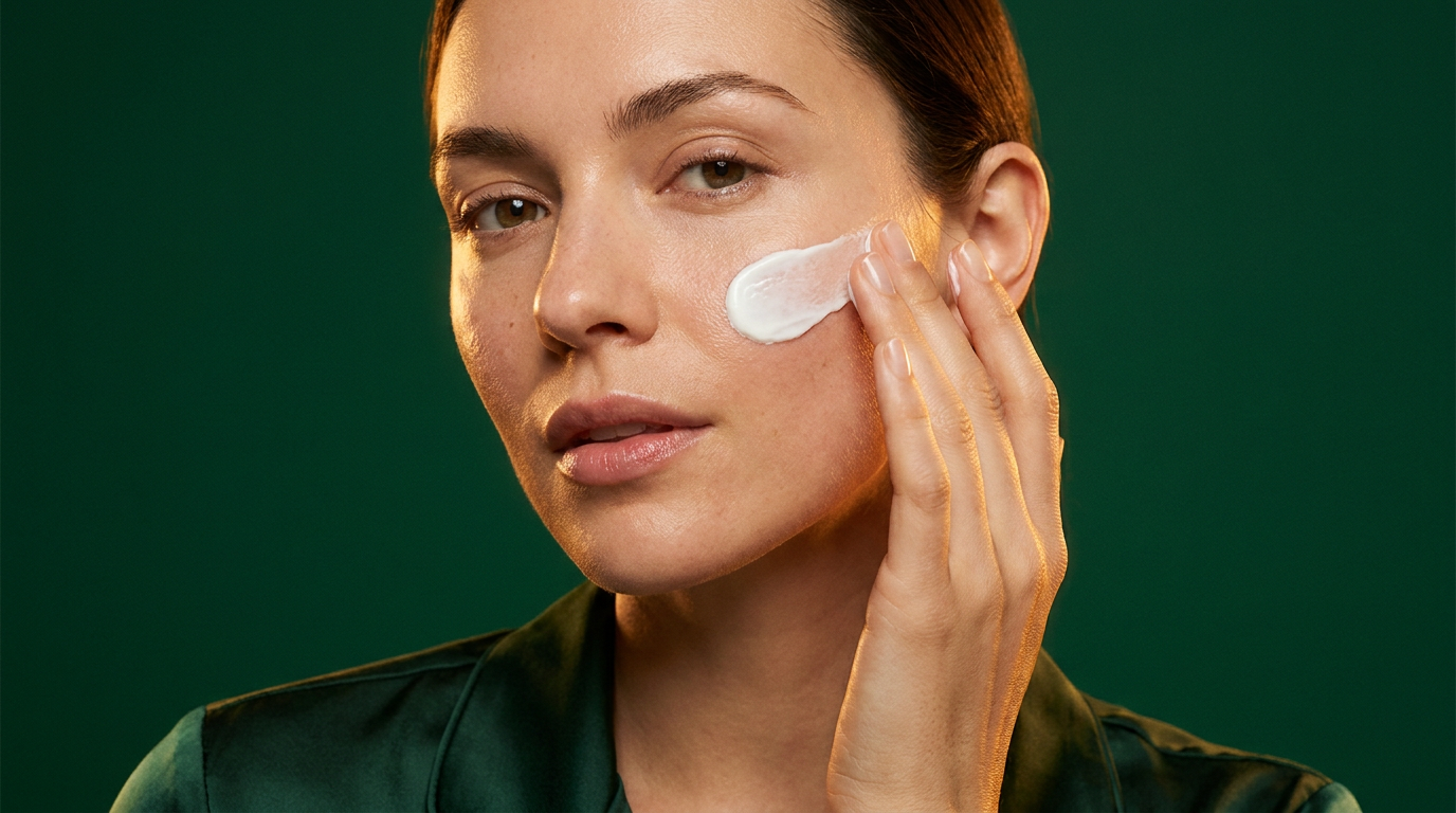 Application d'une couche genereuse de creme solaire sur la joue, trace visible avant estompage