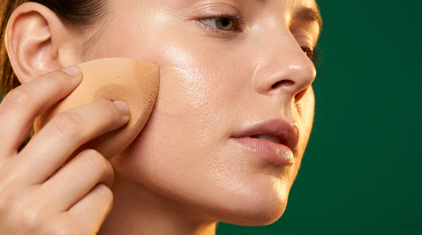 Fond de teint estompe a l'eponge humide sur une peau seche, fini lumineux