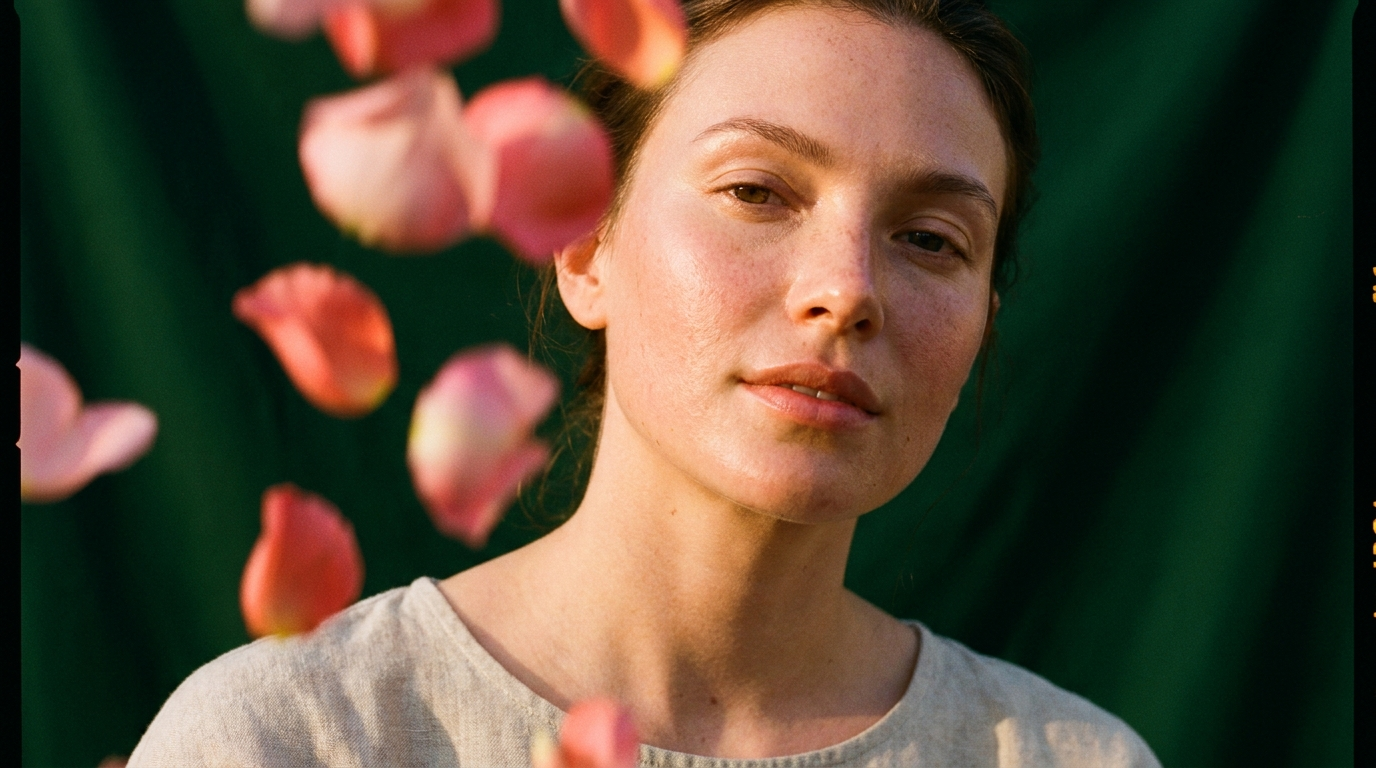 Portrait dans une lumiere rosee avec des petales de rose flous au premier plan