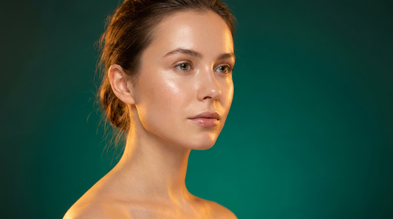 Femme a la peau lumineuse et au grain tres regulier, fini rosee