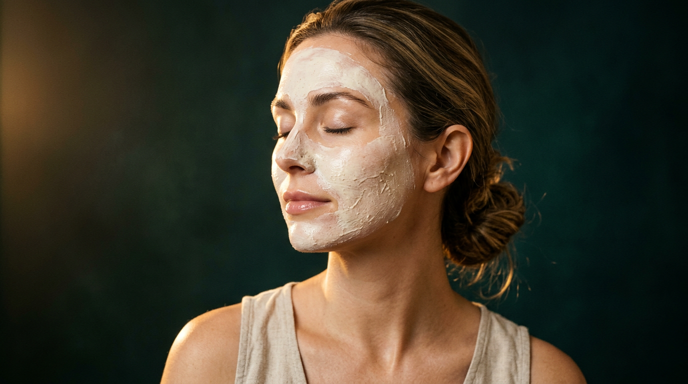 Femme portant un masque hydratant maison applique a la main sur les joues et le front