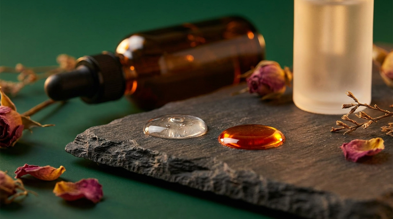 Goutte de sérum et goutte d'huile de rose musquée côte à côte sur pierre sombre