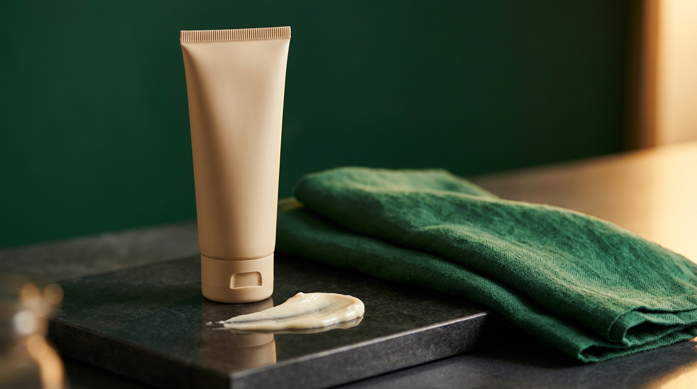Grand tube de creme et touche de texture sur une pierre sombre, serviette en lin