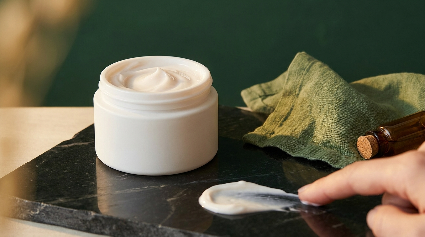Pot de creme ouvert a la texture soyeuse et touche de creme sur une pierre sombre
