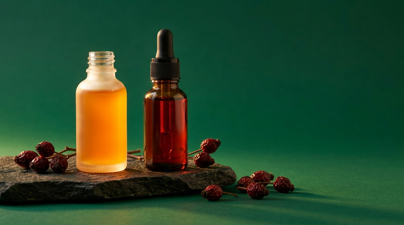 Flacon de serum ambre et flacon d'huile de rose musquee avec baies sechees