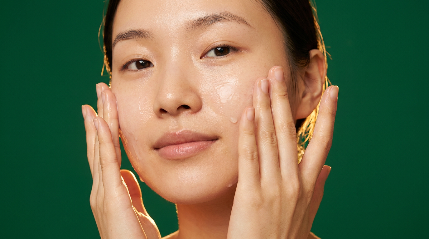 Geste de layering japonais : lotion pressee sur les joues avec les paumes