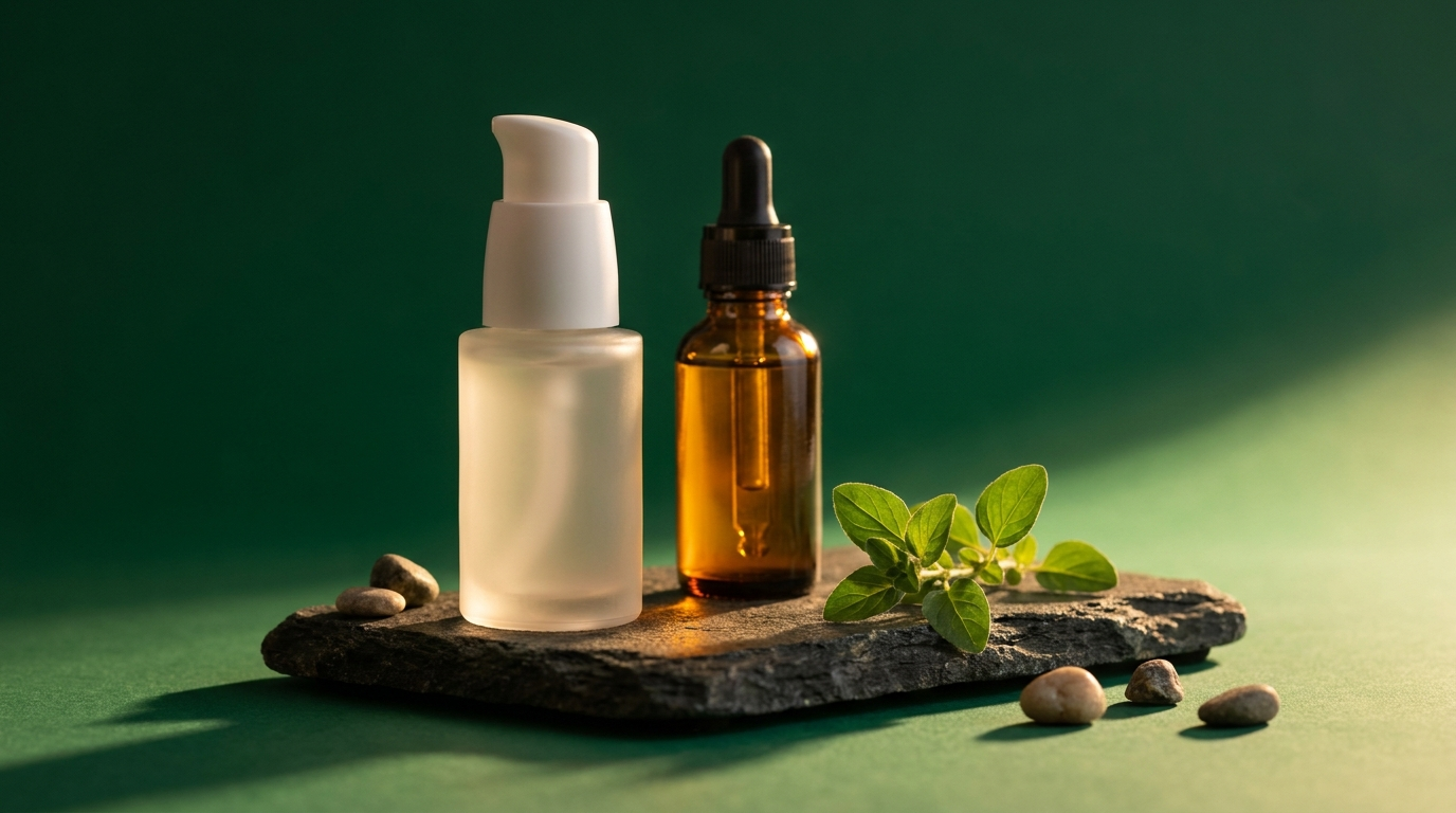 Flacon de serum et huile de figue de Barbarie avec feuillage vegetal