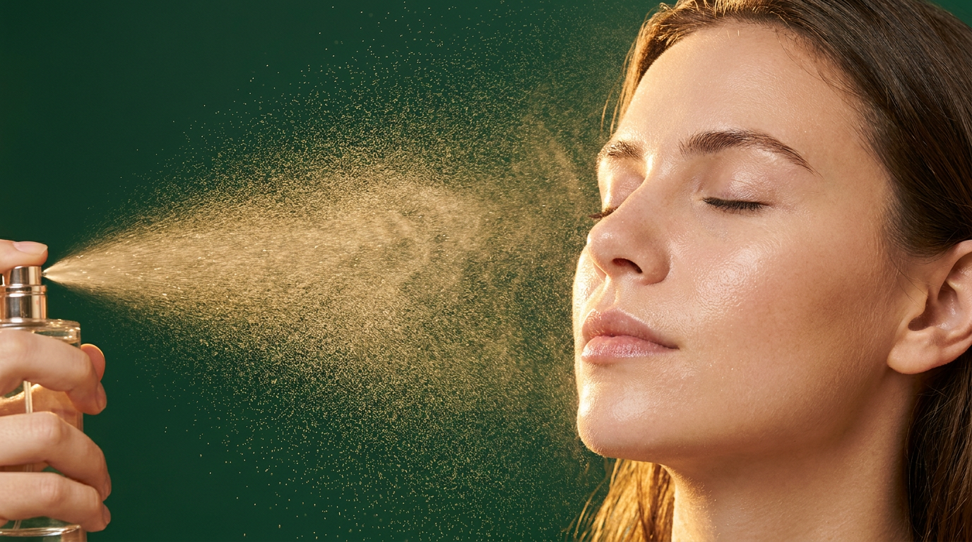 Brume solaire vaporisee vers le visage, yeux fermes, fines gouttelettes en suspension