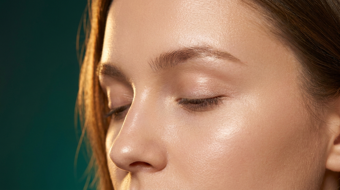 Gros plan du visage d'une femme, zone T lumineuse au fini satiné, illustrant l'hydratation d'une peau grasse
