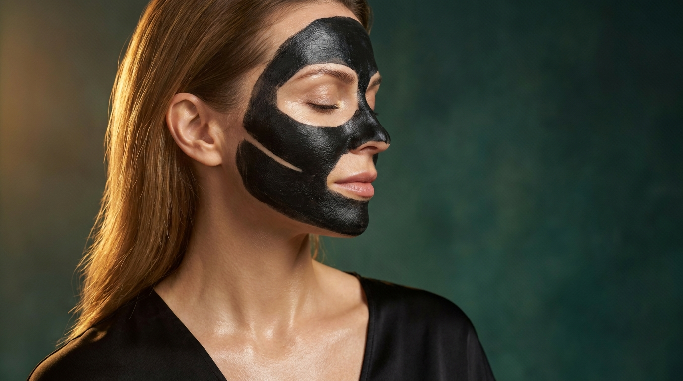 Femme portant un masque noir au charbon, applique uniformement sur le visage