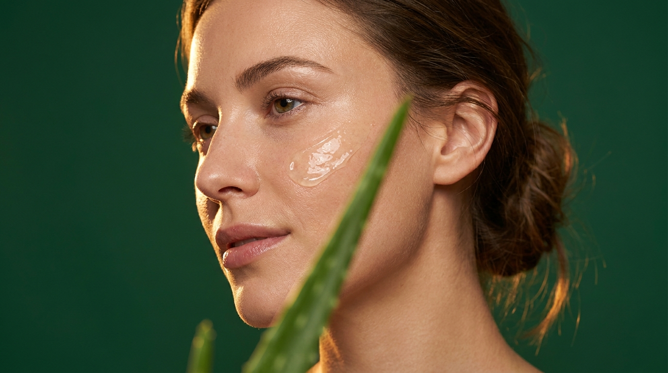 Gel d'aloe vera translucide applique sur la joue, feuille d'aloe au premier plan