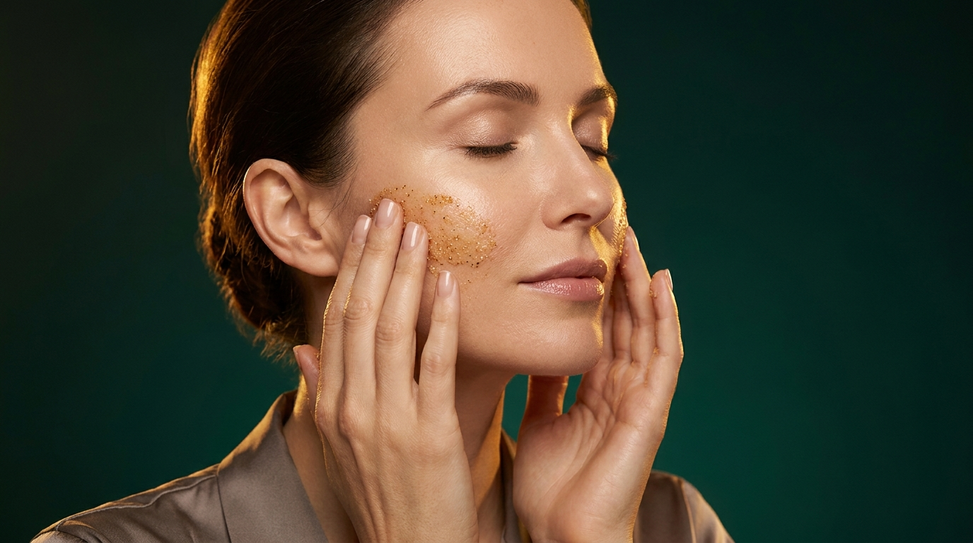 Femme massant un exfoliant maison a grain fin en petits cercles sur la joue, peau lumineuse