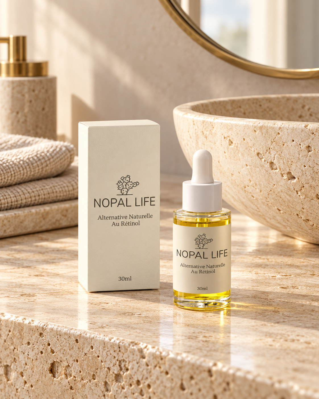 Serum-huile bakuchiol Nopal Life dans une salle de bain, rituel du soir anti-age a la figue de barbarie