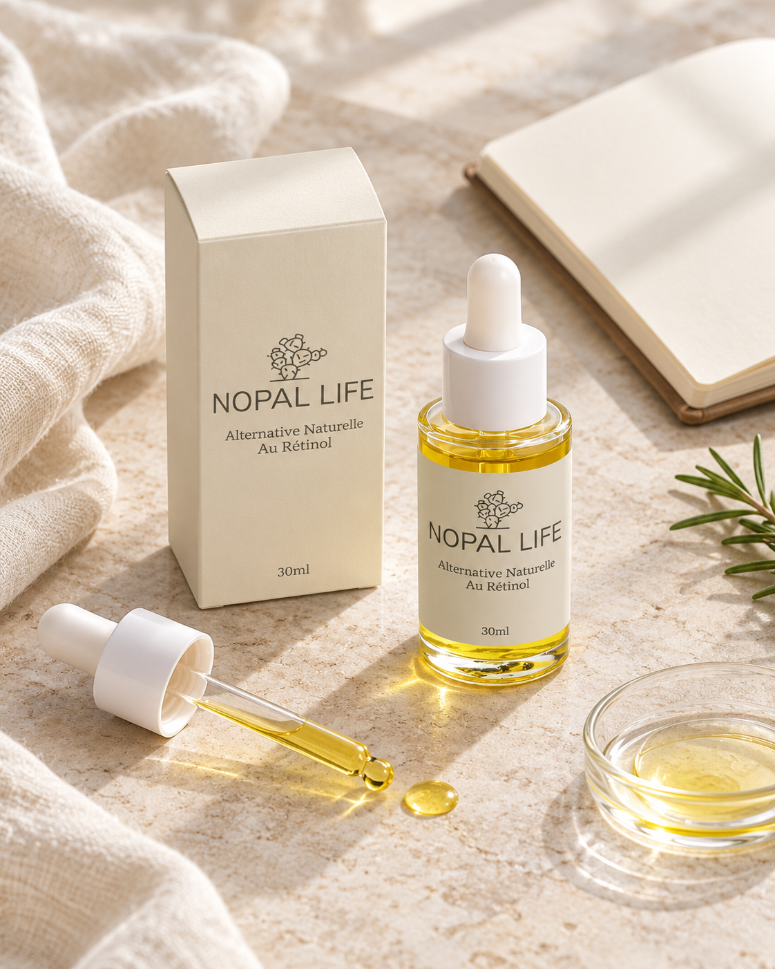 Serum-huile bakuchiol Nopal Life, pipette et texture huileuse doree, formulation vegane rose musquee jojoba