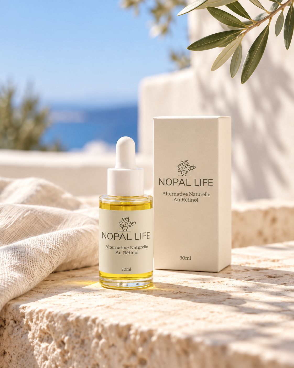 Serum-huile bakuchiol Nopal Life sur terrasse mediterraneenne, soin anti-age naturel 30 ml
