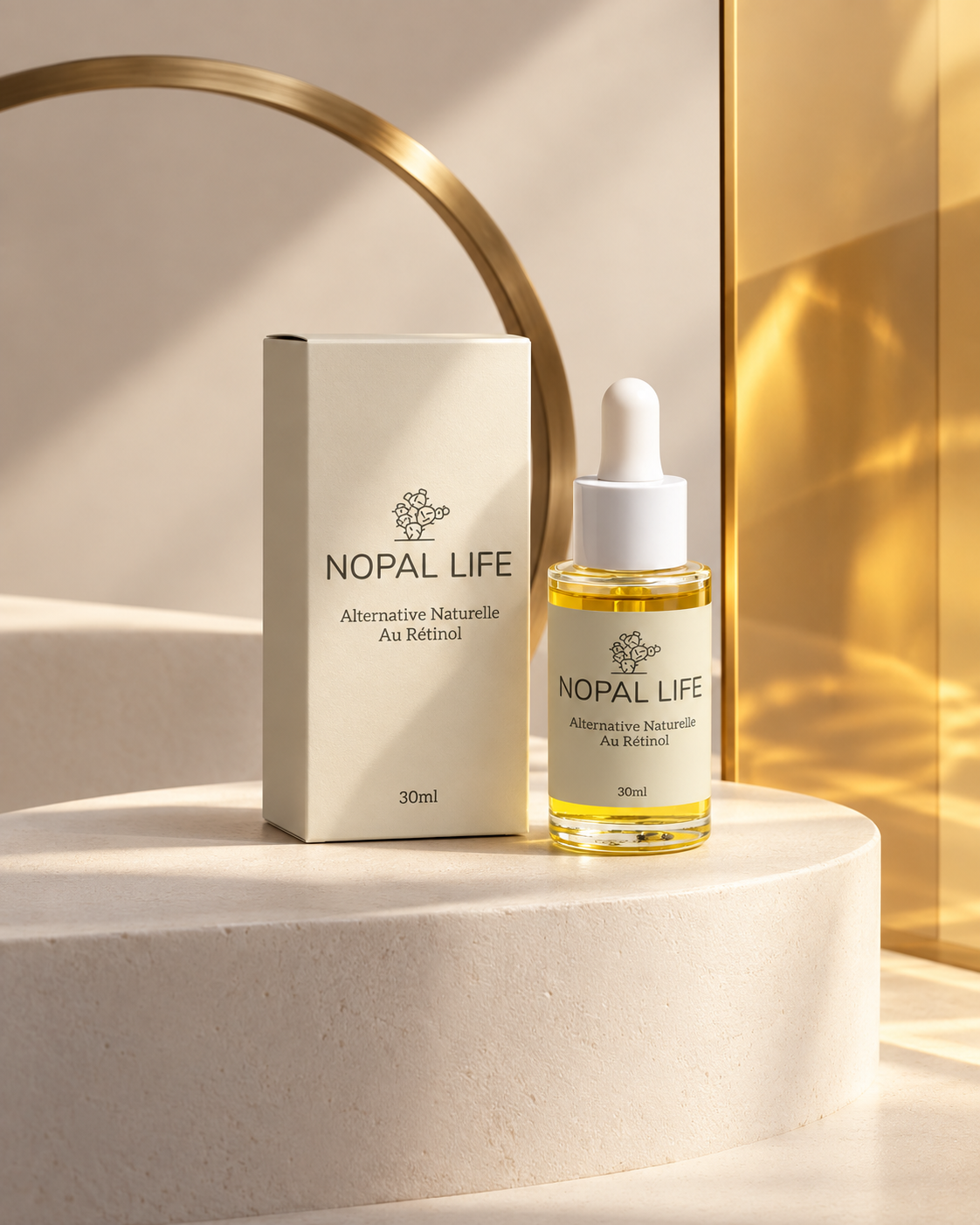 Serum-huile bakuchiol Nopal Life sur socle sculptural, packaging ivoire et dore, soin fermete