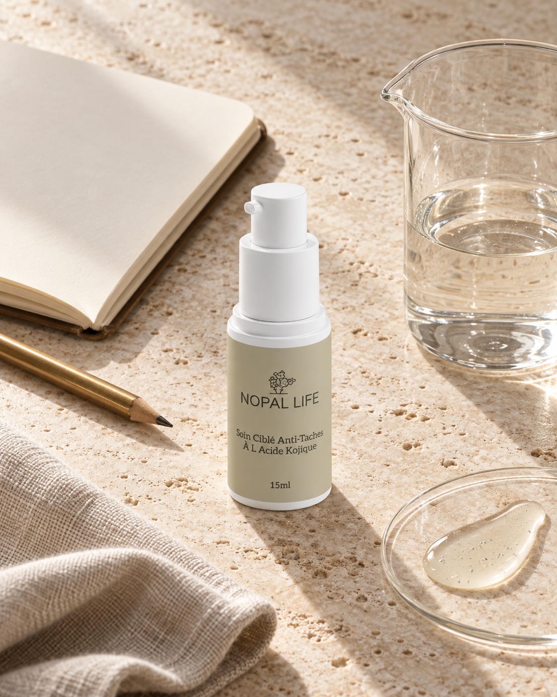 Soin cible anti-taches acide kojique 1% Nopal Life en atelier, texture et flacon 15 ml, teint unifie