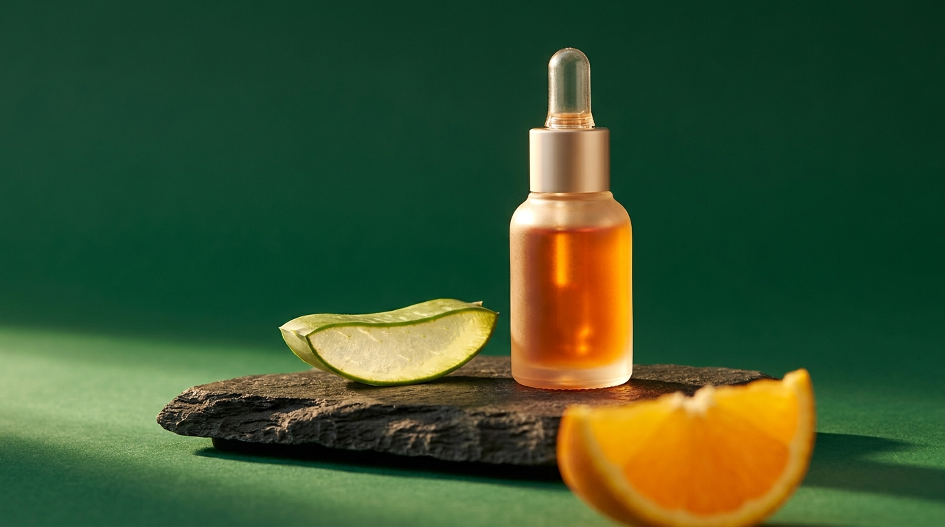 Flacon de sérum ambré et tranche d'aloe vera sur pierre sombre