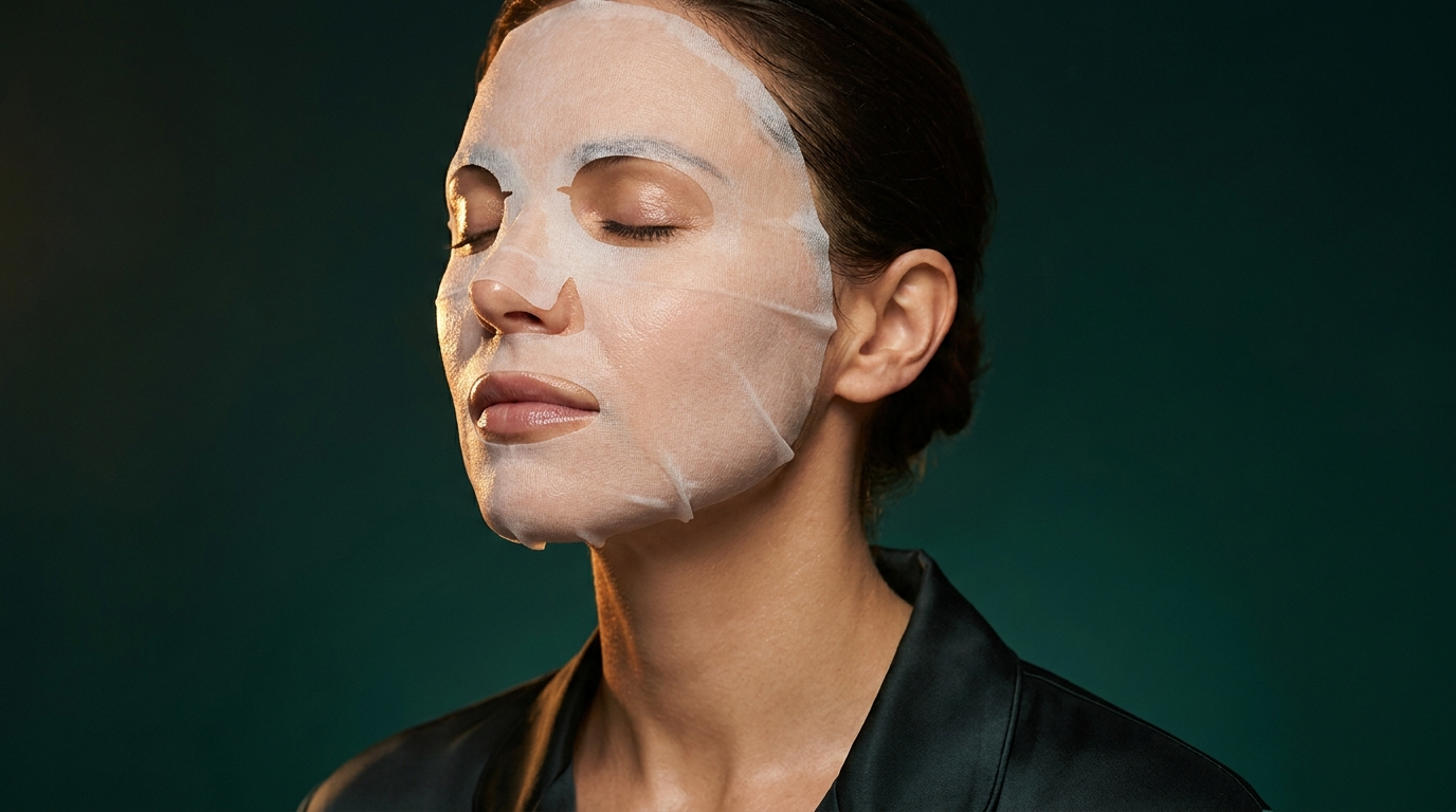 Femme portant un masque en tissu blanc plaque sur le visage, peau rosee de fraicheur