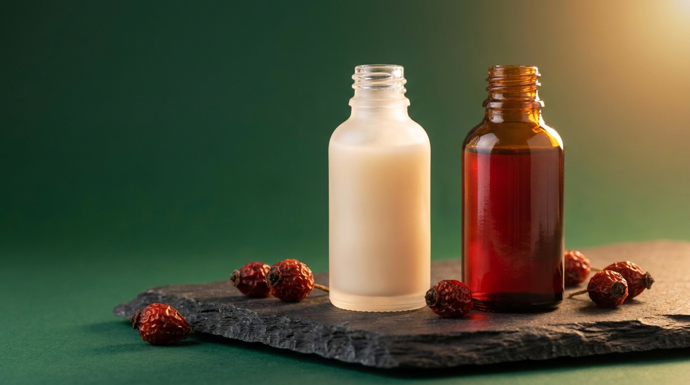 Flacon de sérum et flacon d'huile de rose musquée avec baies séchées