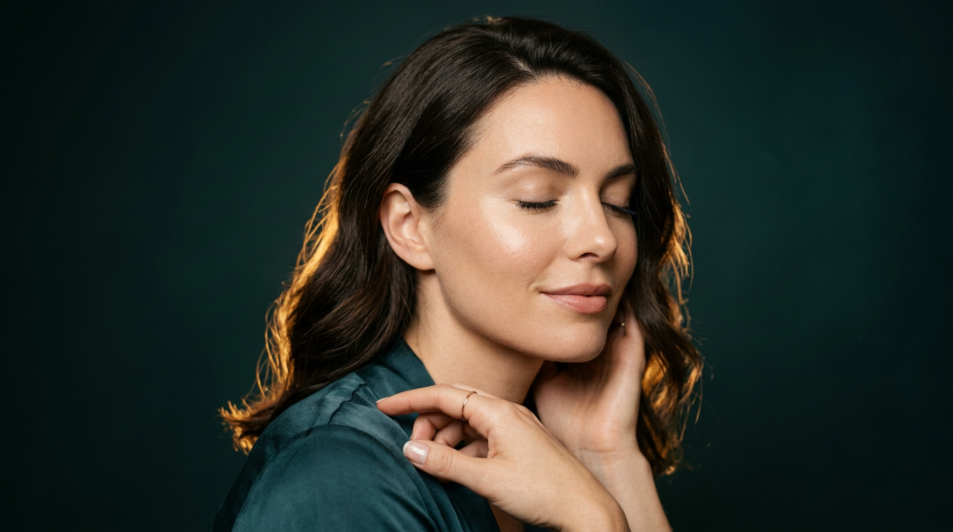 Femme a la peau apaisee et souple apres un soin, expression sereine