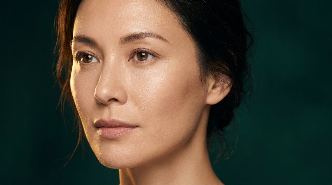 Femme au grain de peau affine et aux pores resserres, fini satine sans brillance