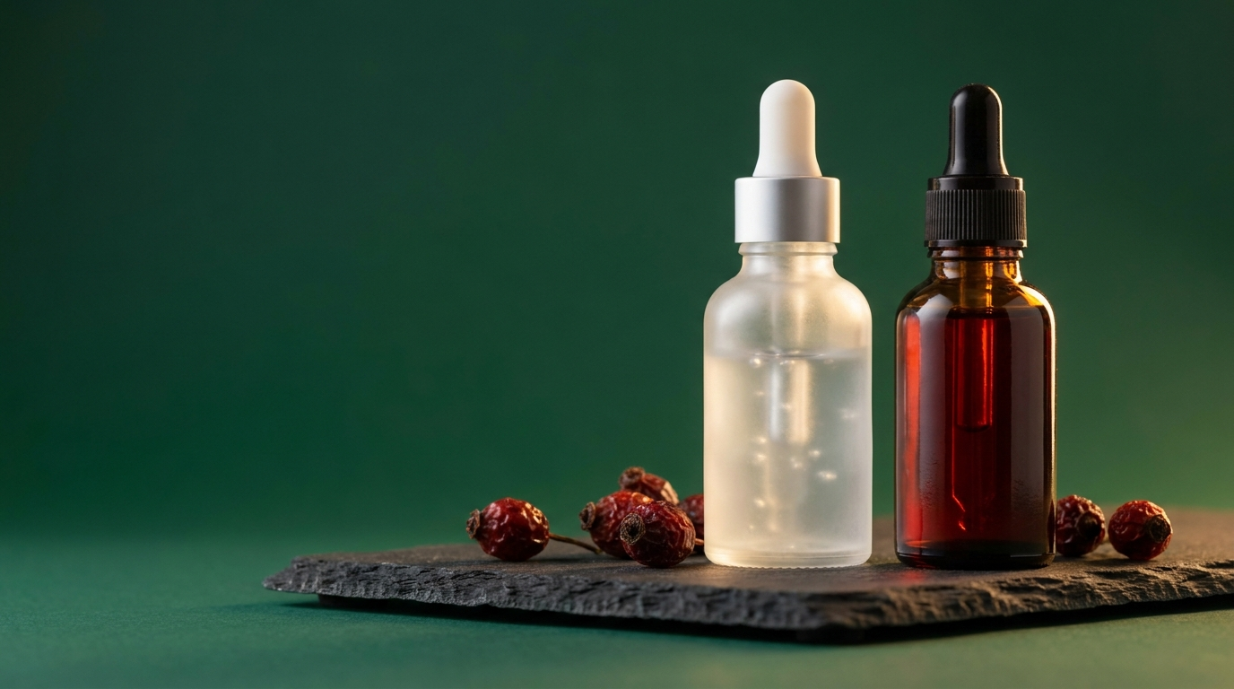 Flacon de sérum et flacon d'huile de rose musquée avec des baies séchées