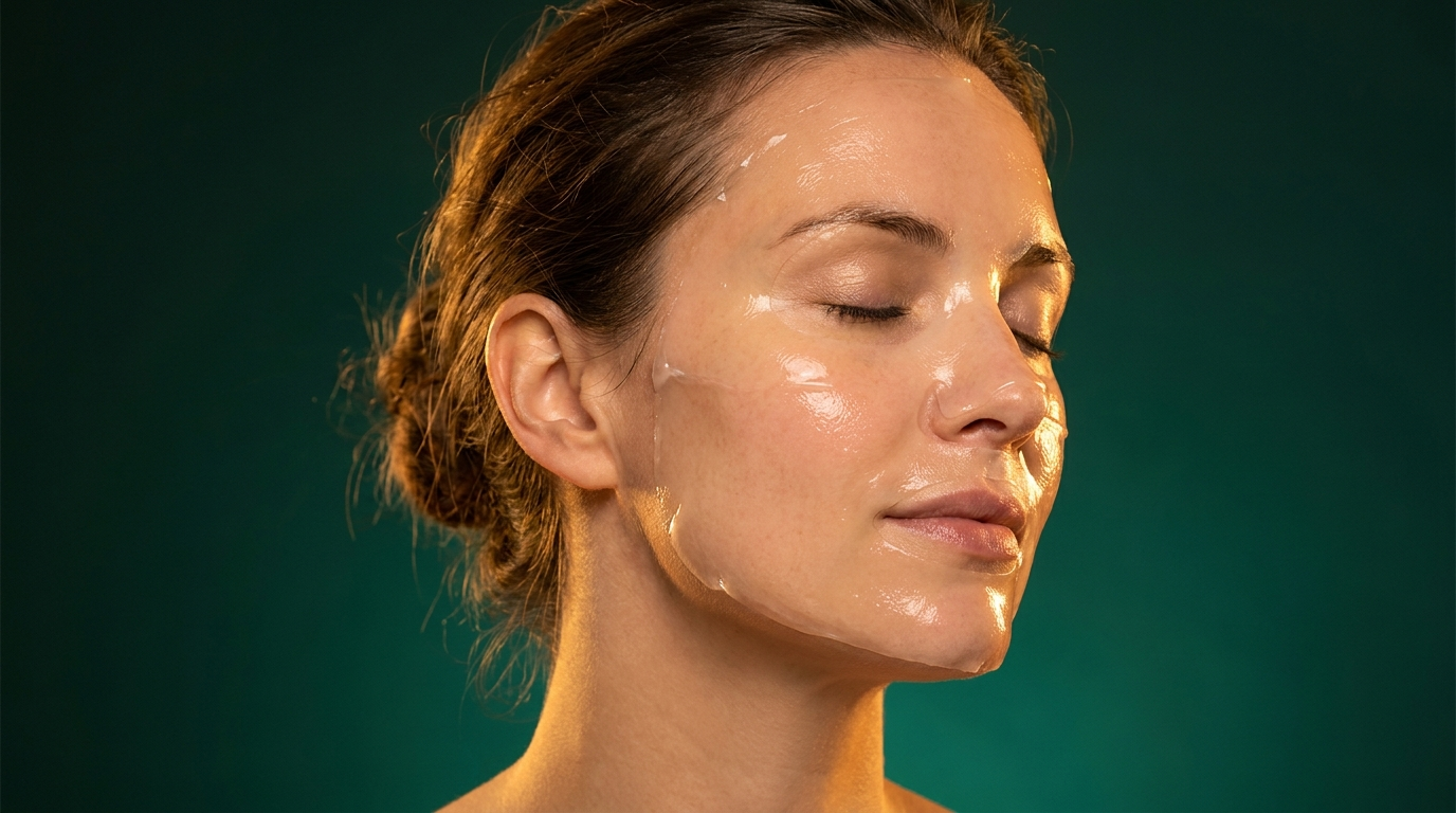 Femme portant un masque hydratant translucide sur les joues et le front, peau repulpee et lumineuse