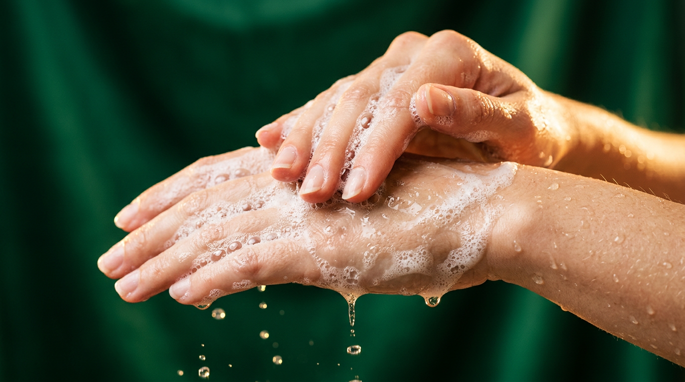 Mains faisant mousser un gel nettoyant transparent, gouttes d'eau