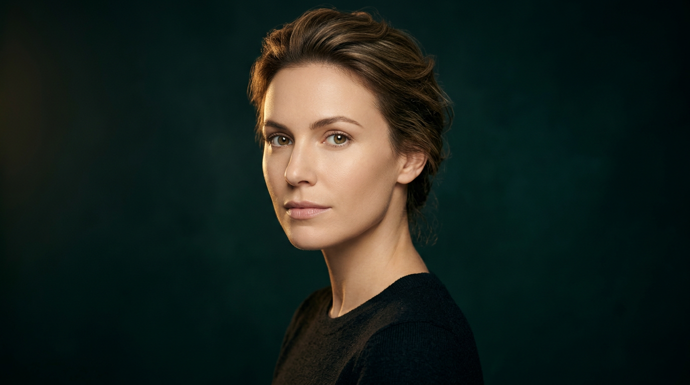 Femme au regard direct et a la peau lisse, fini naturel