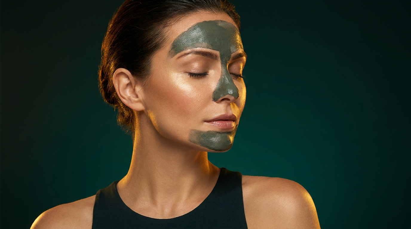 Femme portant un masque a l argile sur la zone T uniquement, joues laissees nues