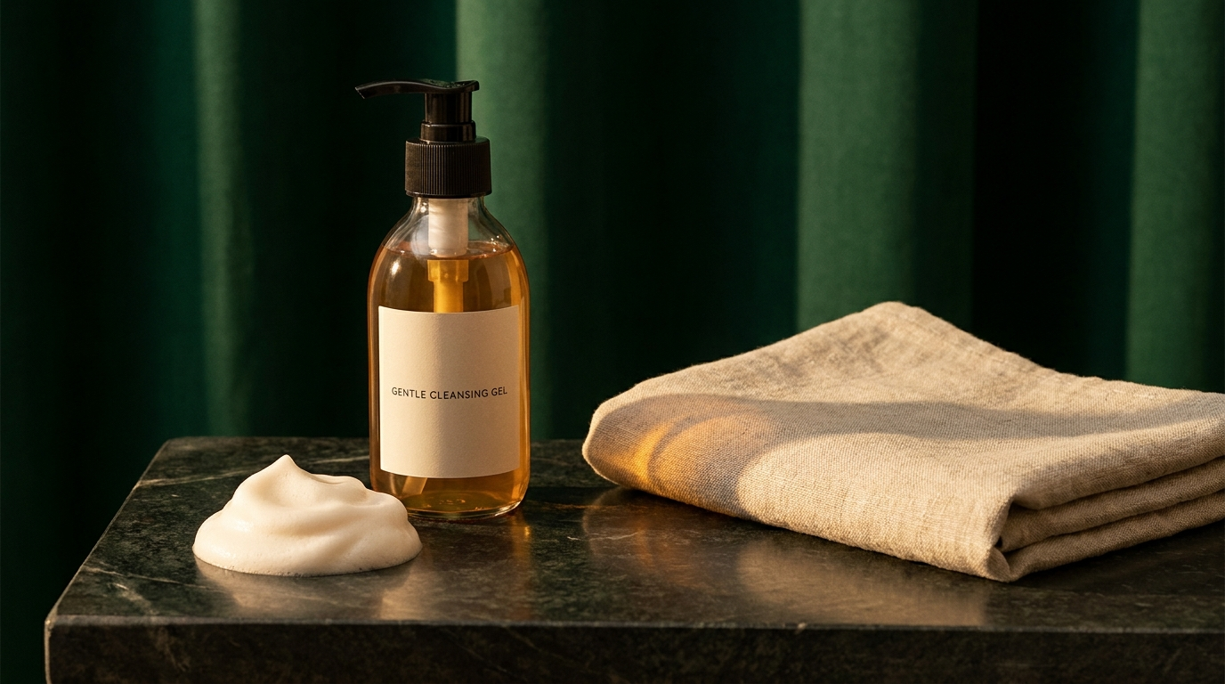 Flacon pompe de gel nettoyant doux et mousse cremeuse sur une pierre sombre