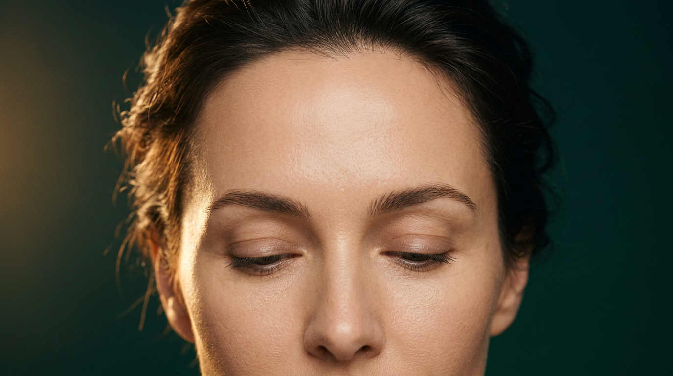 Front lisse et detendu, espace entre les sourcils sans pli marque