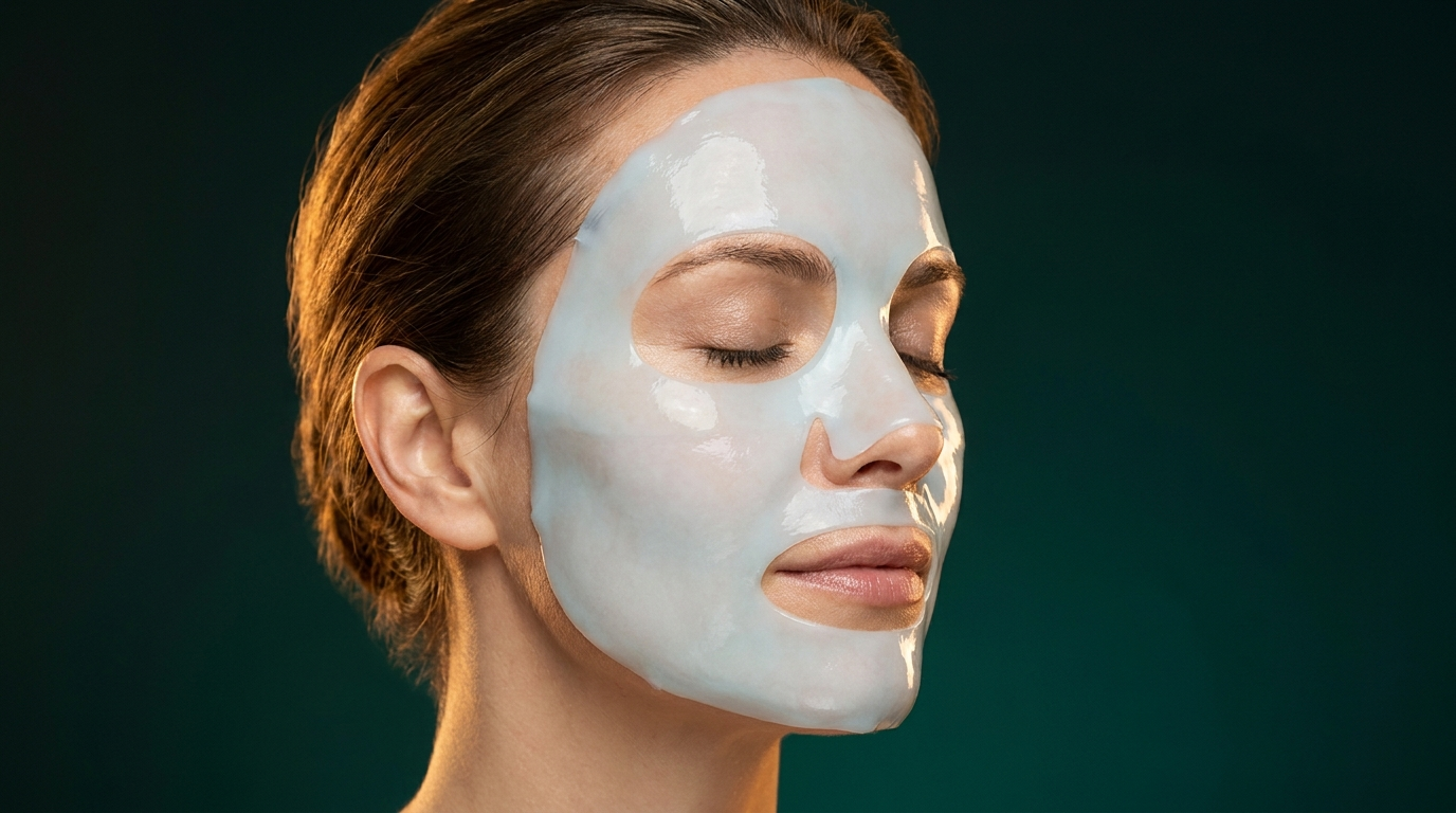 Femme portant un masque gelifie frais, peau apaisee et decongestionnee