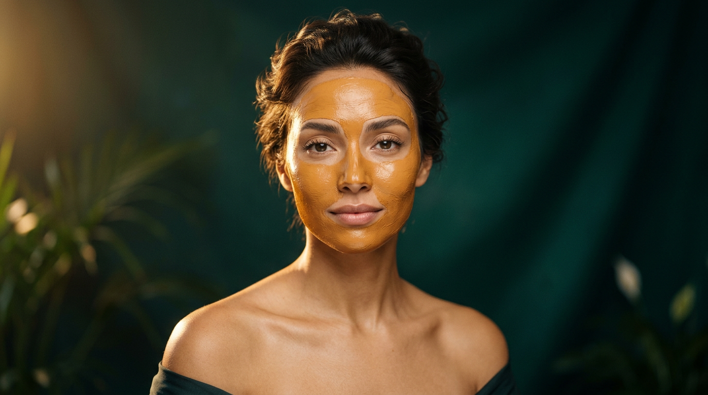 Femme portant un masque a l argile ocre, couche reguliere et encore humide