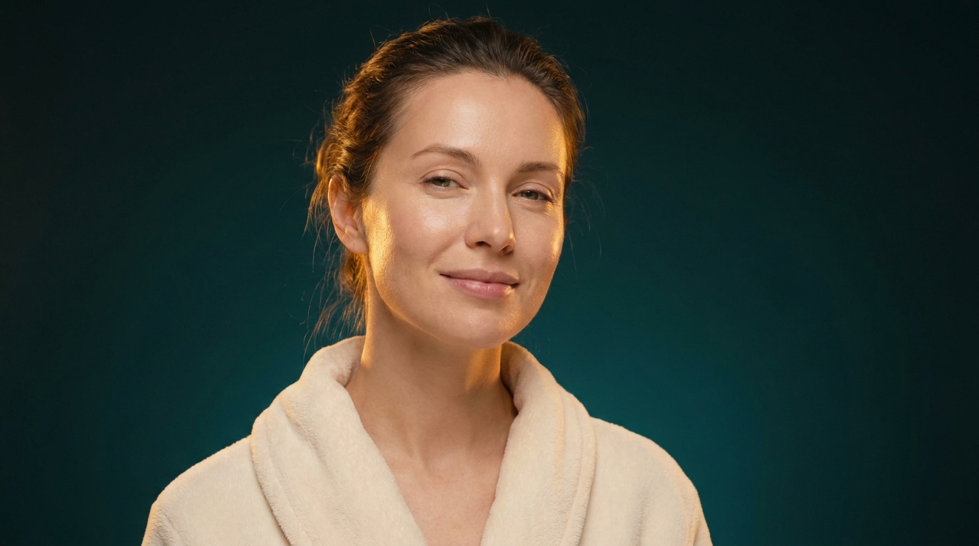 Femme au visage parfaitement demaquille, peau fraiche et confortable