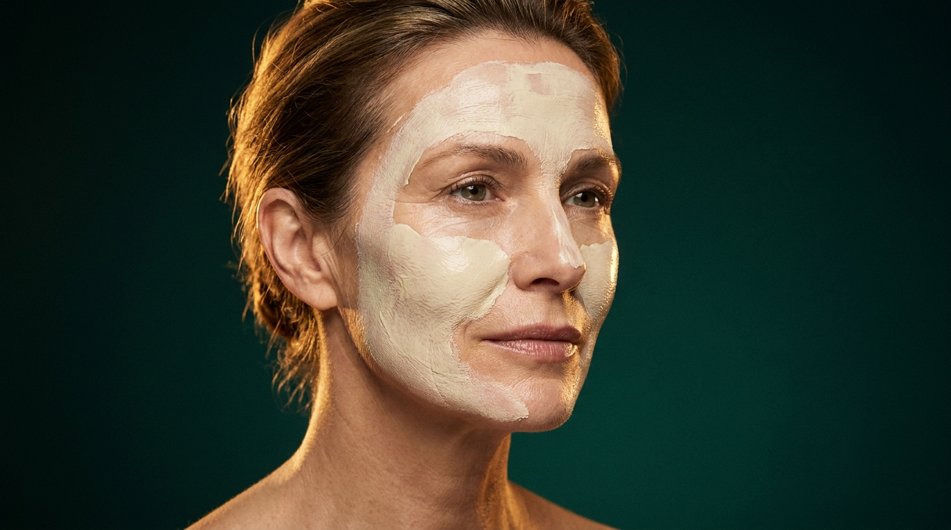 Femme de la cinquantaine portant un masque maison, peau mature ferme et lumineuse