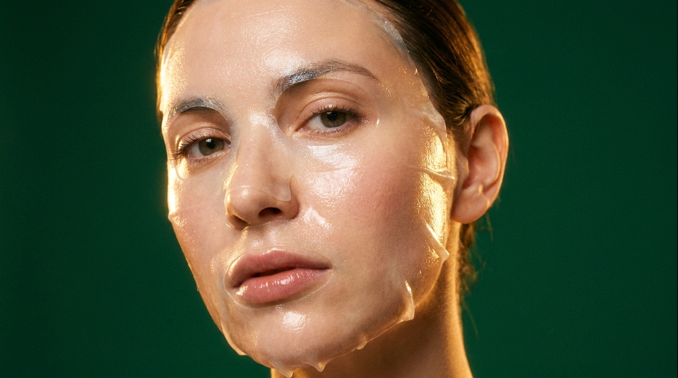 Masque hydrogel transparent pose sur le visage, peau repulpee