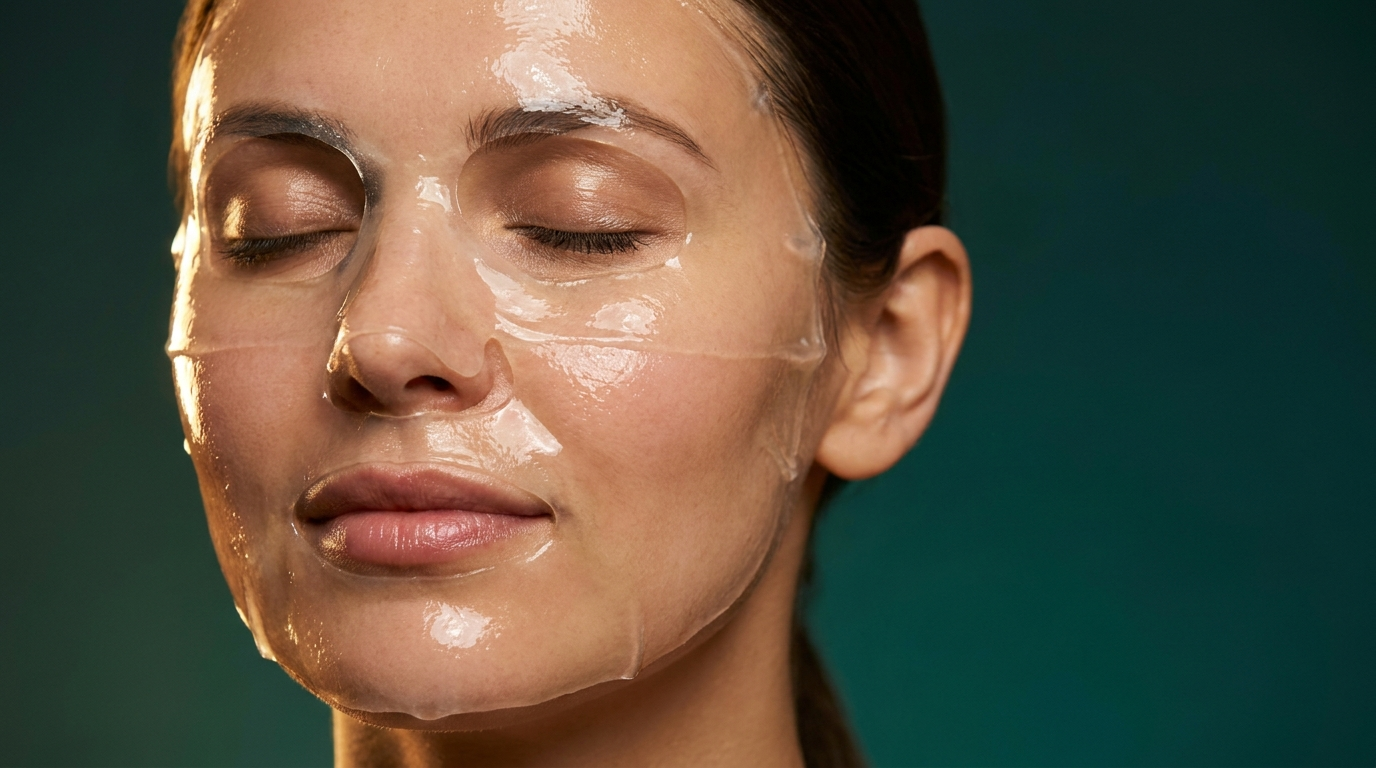 Femme portant un masque hydrogel transparent moule sur le visage, peau repulpee
