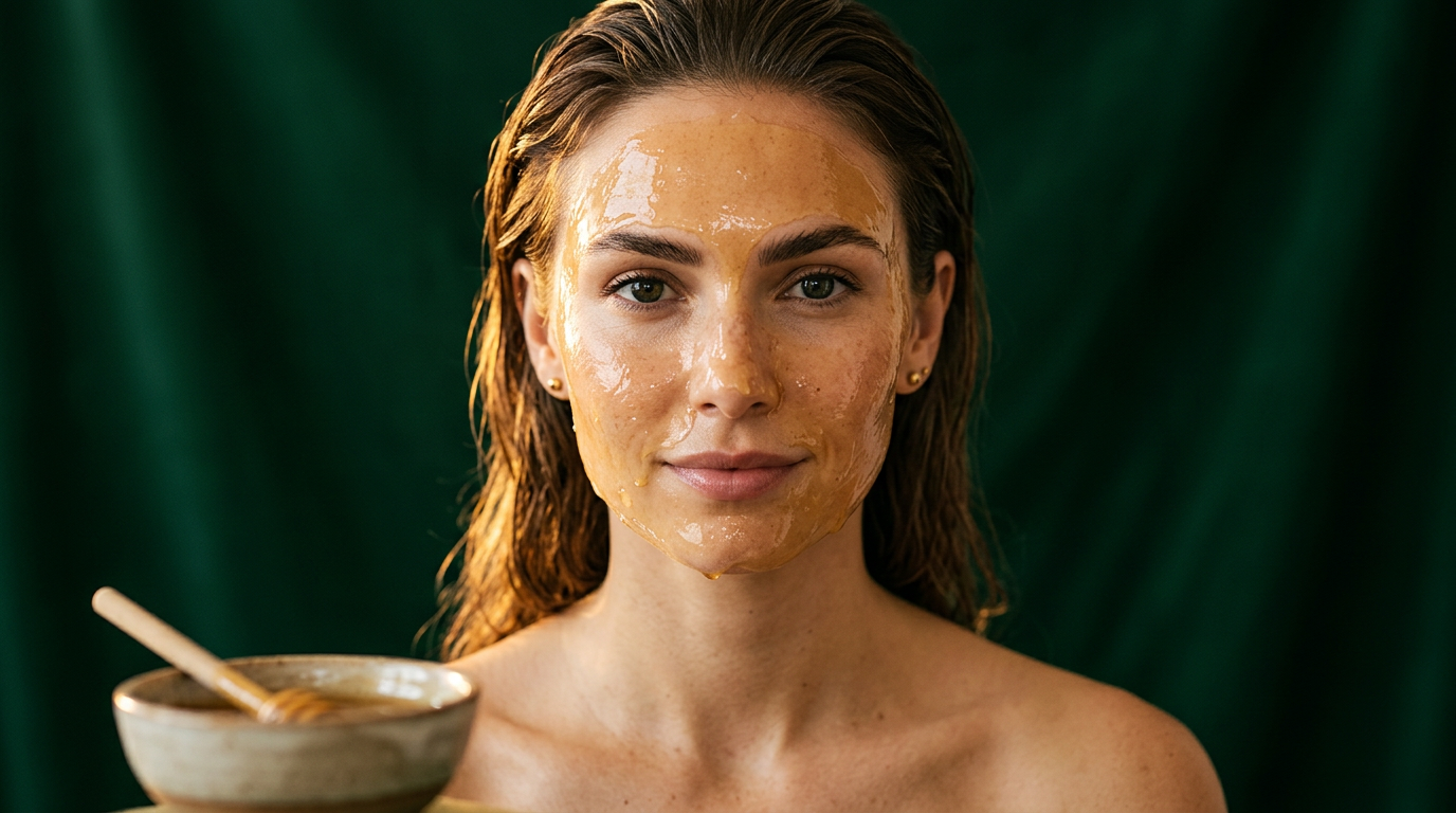 Masque au miel applique en couche fine sur le visage, bol de miel au premier plan