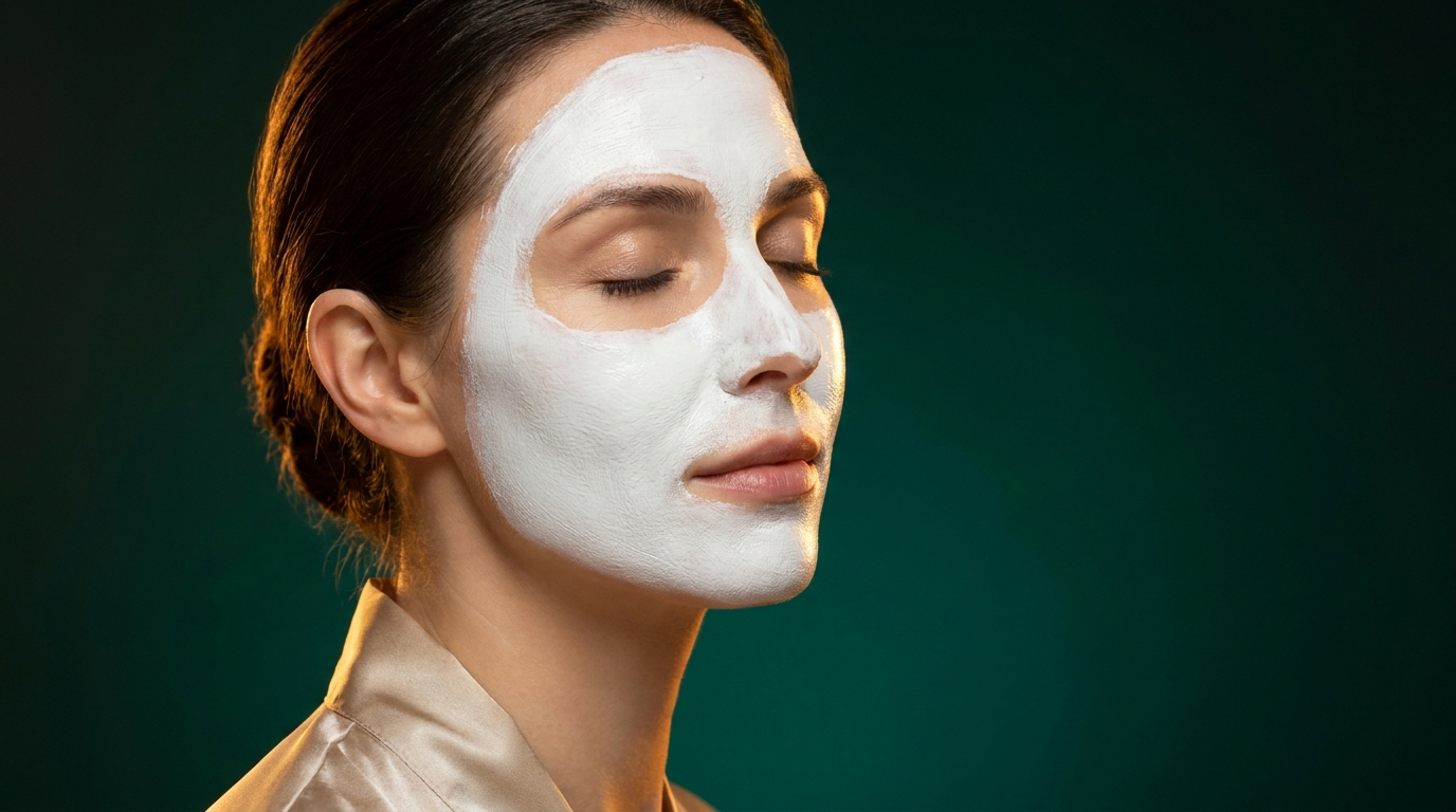 Femme portant un masque a l argile blanche, fini mat et uniforme, peau apaisee