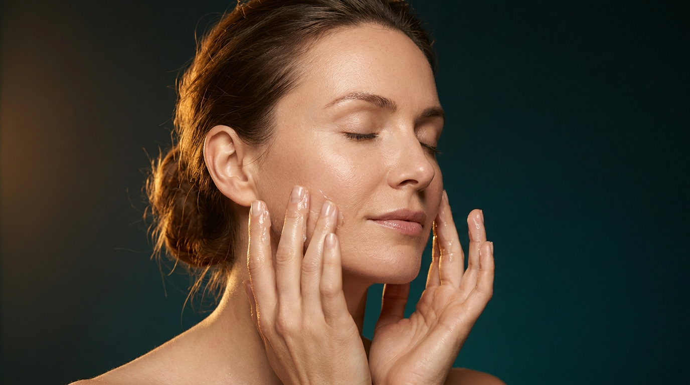 Femme massant son visage du bout des doigts, peau nette fraichement demaquillee, illustrant le geste d'application d'un baume demaquillant